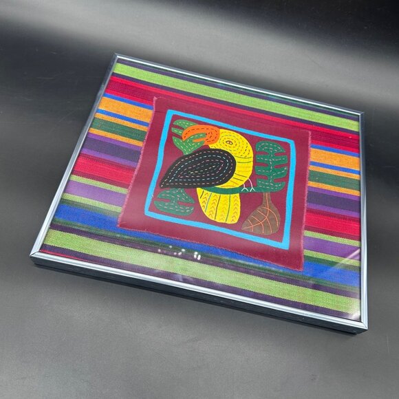 Other - Vintage Framed Mola Parrot Textile Folk Art Hand Stitched Panama Wall Hanging